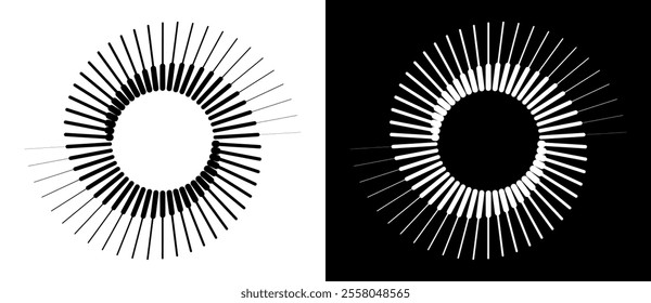 Spiral with lines as dynamic abstract vector background or logo or icon. Yin and Yang symbol. Black spiral on white background and white spiral on black background.