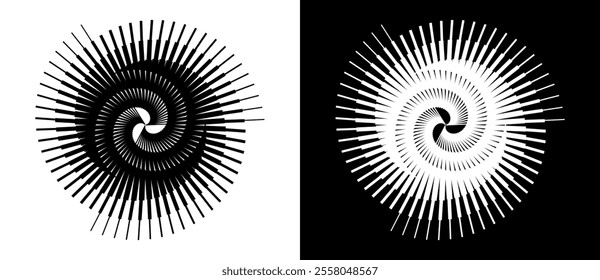 Spiral with lines as dynamic abstract vector background or logo or icon. Yin and Yang symbol. Black spiral on white background and white spiral on black background.