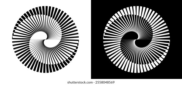 Spiral with lines as dynamic abstract vector background or logo or icon. Yin and Yang symbol. Black spiral on white background and white spiral on black background.