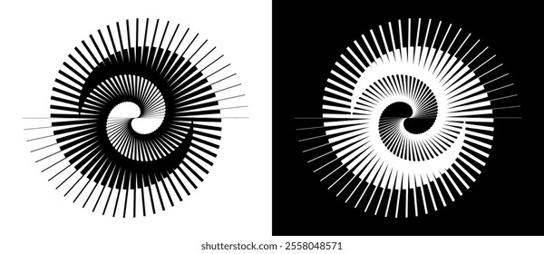 Spiral with lines as dynamic abstract vector background or logo or icon. Yin and Yang symbol. Black spiral on white background and white spiral on black background.