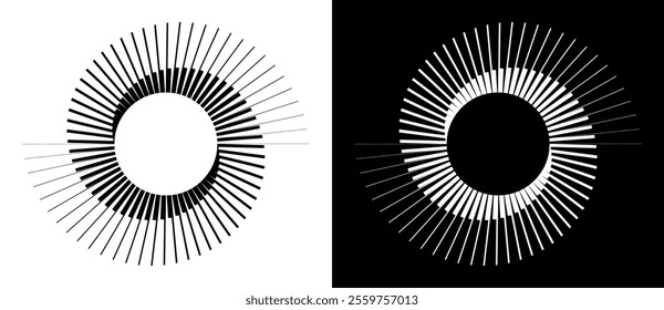 Spiral with lines as dynamic abstract vector background or logo or icon. Yin and Yang symbol. Black spiral on white background and white spiral on black background.