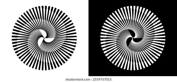 Spiral with lines as dynamic abstract vector background or logo or icon. Yin and Yang symbol. Black spiral on white background and white spiral on black background.