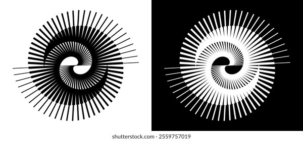 Spiral with lines as dynamic abstract vector background or logo or icon. Yin and Yang symbol. Black spiral on white background and white spiral on black background.