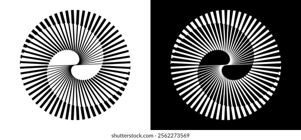 Spiral with lines as dynamic abstract vector background or logo or icon. Yin and Yang symbol. Black spiral on white background and white spiral on black background.