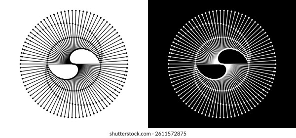 Spiral with lines as dynamic abstract vector background or logo or icon. Yin and Yang symbol. Black spiral on white background and white spiral on black background.