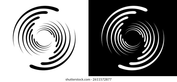 Spiral with lines as dynamic abstract vector background or logo or icon. Yin and Yang symbol. Black spiral on white background and white spiral on black background.