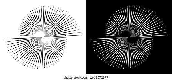 Spiral with lines as dynamic abstract vector background or logo or icon. Yin and Yang symbol. Black spiral on white background and white spiral on black background.