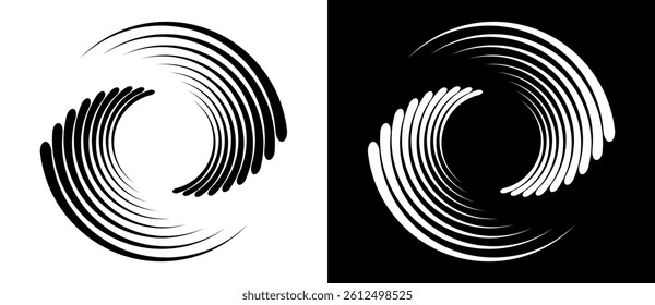 Spiral with lines as dynamic abstract vector background or logo or icon. Yin and Yang symbol. Black spiral on white background and white spiral on black background.
