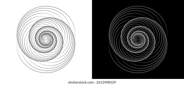 Spiral with lines as dynamic abstract vector background or logo or icon. Yin and Yang symbol. Black spiral on white background and white spiral on black background.