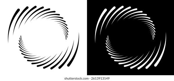 Spiral with lines as dynamic abstract vector background or logo or icon. Yin and Yang symbol. Black spiral on white background and white spiral on black background.