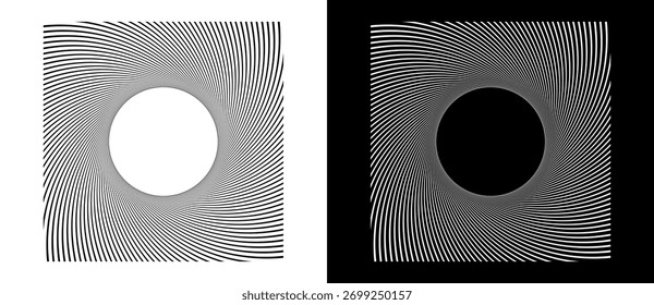 Espiral com linhas como plano de fundo vetorial abstrato dinâmico. Conceito solar. Ilusão óptica psicodélica. Linhas pretas em um plano de fundo branco e as mesmas linhas brancas no lado preto.