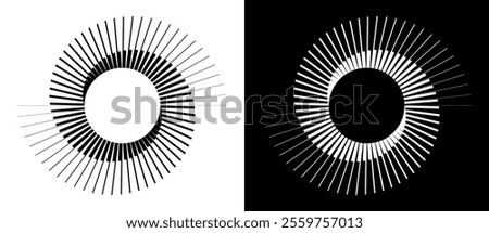 Spiral with lines as dynamic abstract vector background or logo or icon. Yin and Yang symbol. Black spiral on white background and white spiral on black background.