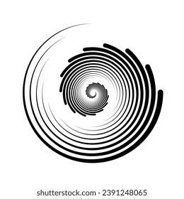 Spiral lines element. Radial spinning stripes texture. Circle swirl shape. Abstract geometric background design for poster, banner, logo, icon, collage, tattoo, sticker. Vector