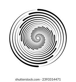 Elemento de líneas espirales. Textura de rayas giratorias radiales. Forma circular giratoria. Resumen de diseño de fondo geométrico redondeado para afiches, banner, logo, icono, collage, tatuajes, pegatinas. Ilustración del vector