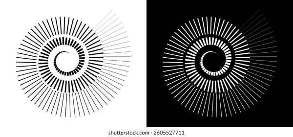 Spiral with lines as icon or logo. Black illustration isolated on the white background and the same vector white on black background.