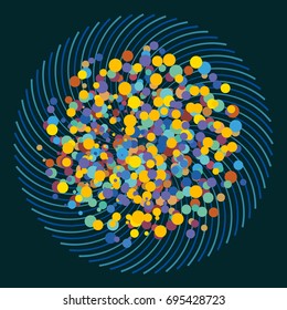 Spiral lines and multicolor dots - dark red, yellow, blue, violet - on black background