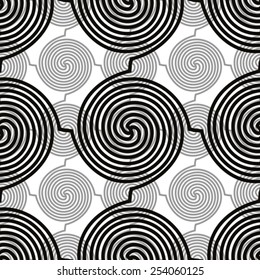 Spiral lines seamless pattern, black and white vector background.