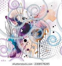 Spiral lines watercolor abstract modern seamless pattern. Spotty colorful geometric vector background with spiral shapes, circles, squares, stars, doodle lines, stains, drips.  Hand drawn paint design