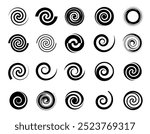 Spiral logo. Swirl and radial twist pattern or circle black splash template. Speed silhouette. Circular whirl. Rotation motion. Minimal shape. Abstract vortex shape. Vector flat icons set