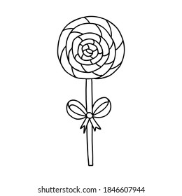 Spiral Lollipop with a Doodle-style bow. The sketch is hand-drawn and isolated on a white background. Element of new year and Christmas design. Outline drawing. Black-white vector illustration