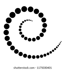 Spiral made of black dots. Increasing points from the center of the spiral which then become smaller again. Black isolated illustration on white background. Vector.