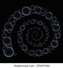 Spiral made of soap bubbles - isolated vector illustration on black background.