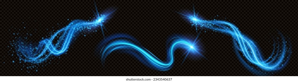 Spiral magic vortex light effect with glow vector. Neon energy swirl flare with glitter particle. Shiny speed motion transparent abstract curve. Futuristic flying luminous power beam with twinkle.