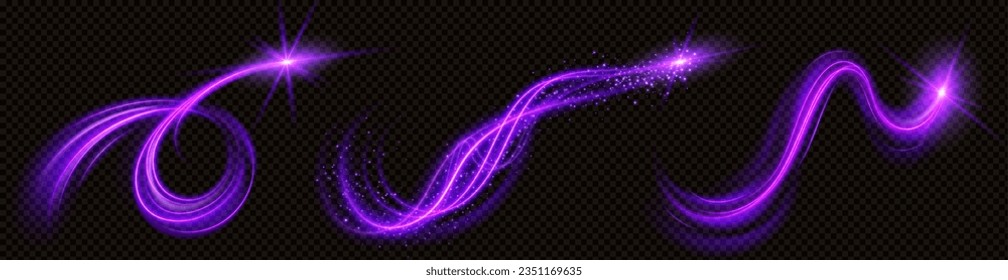 Efecto de luz vórtice mágico espiral con vector de brillo. Barrido de energía de neón con partícula brillante. Curva abstracta transparente de movimiento de velocidad brillante. Rayo de potencia luminoso volador futurista con doble trinquete.