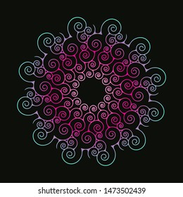 spiral mandala rosette in dark pink blue shades on black