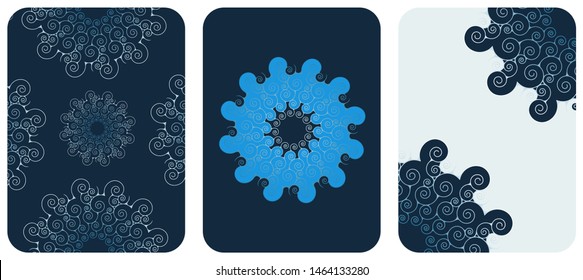 spiral mandalas pattern on cards set in blue shades