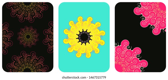 spiral mandalas pattern on cards set in multicolor pop shades