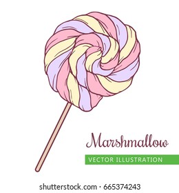 Spiral marshmallows candy hand drawn vector Illustration.  Pink,
 lilac and yellow spiral candy.  Sweet icon -  spiral marshmallow 