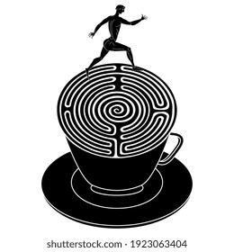 Spiral maze or labyrinth inside cup of tea or coffee and ancient Greek athlete man running in it. Black and white silhouette. Creative beverage concept.