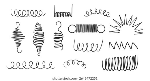 Spiral metal coil wire doodle hand drawn bounce steel curve line spring. Set vape metallic flexible coils. Steel motor spiral 