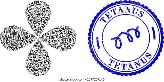 Forma de flor de rizo de microbio espiral, y placa rayada azul redonda TETANUS con icono en el interior. Flor de elemento con 4 pétalos compuestos de símbolos de microbio espiral orientado.