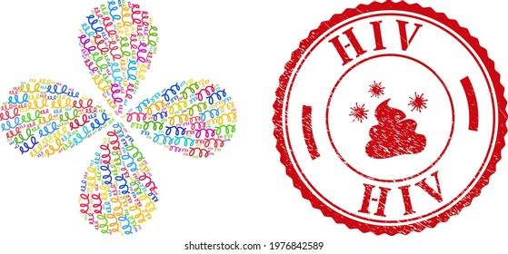 Spiral microbe multi colored swirl flower with 4 petals, and red round HIV dirty seal. Spiral microbe symbol inside round stamp print.