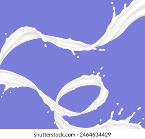 Spiral milk flows with drops realistic vector illustration set. Food and beauty. Moisturizing creamy products motion 3d objects on purple background