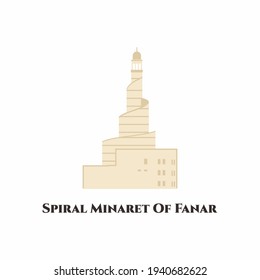 Die Spirale Minarett von Fanar. Es liegt in der Nähe von Doha Corniche. Dieser Ort hat ein einzigartiges Minarett-Design. Sie müssen die Große Moschee des Bundesstaates besuchen. Flache Vektorgrafik