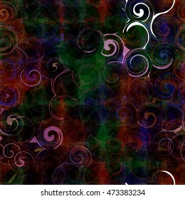 Spiral. The mixed randomly shapeless spots cut in the form of circles. The horizontal and vertical rows. Red, blue, black. Seamless vector background. Abstract dark pattern.