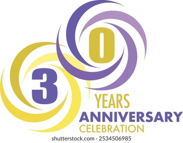 the spiral monochrome color of yellow and purple number 30 years anniversary celebration, isolated on white background.