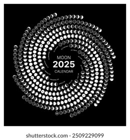 Spiral moon cycle calendar for 2025. Astronomy round dairy. Poster of the lunar monthly cycle. Vector illustration. Lunar lap calendar isolated on a black background