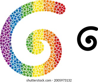 Spiral mosaic icon of round dots in variable sizes and spectrum color tinges. A dotted LGBT-colored spiral for lesbians, gays, bisexuals, and transgenders. Vector symbol in LGBT flag colors.
