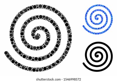 Spiral mosaic of small circles in different sizes and color hues, based on spiral icon. Vector small circles are grouped into blue mosaic. Dotted spiral icon in usual and blue versions.