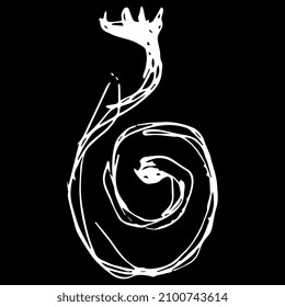 Spiral motif. Coiled snake. Hand drawn linear doodle rough sketch. White silhouette on black background.