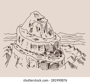 Spiral mountain scenery sketch hand drawing, in engraving etching style, for extreme climbing sport, adventure travel  and  tourism design