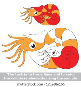 Spiral nautilus seashell underwater animal, mother and her infant. Dot to dot educational game for kids.