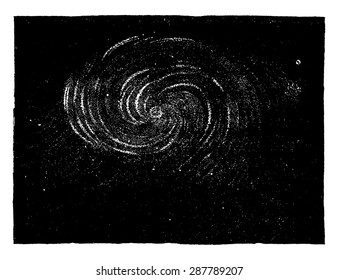 The spiral nebula in the constellation of the Hunting Dogs, showing the result of interior movements, vintage engraved illustration. Earth before man 1886.