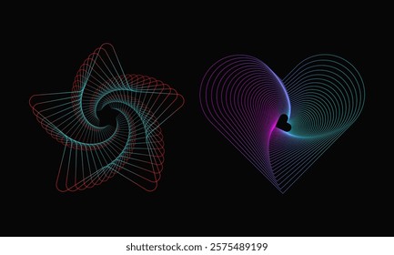 Spiral neon lines in the shape of a star and heart. Spirograph abstract element on a black background. Design in the style of minimalism and geometry