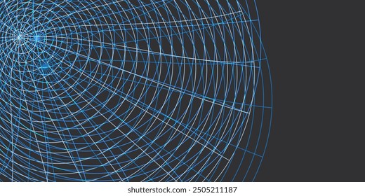 Red Espiral: Convergencia de Líneas y Luz. Una compleja red circular de múltiples capas en espiral de líneas azules que se cruzan sobre un fondo oscuro.