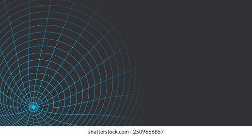 Spiral Network Grid: Convergence of Lines and Light. A Circular Network Mesh of Intersecting Blue Lines on a Dark Background.
